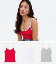 New Look Petite 3 Pack Red White and Grey Ringer Camis